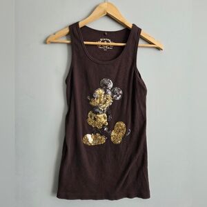 Disney Mickey Mouse Gold Sequins Sparkly Brown Ribbed Tank Top M